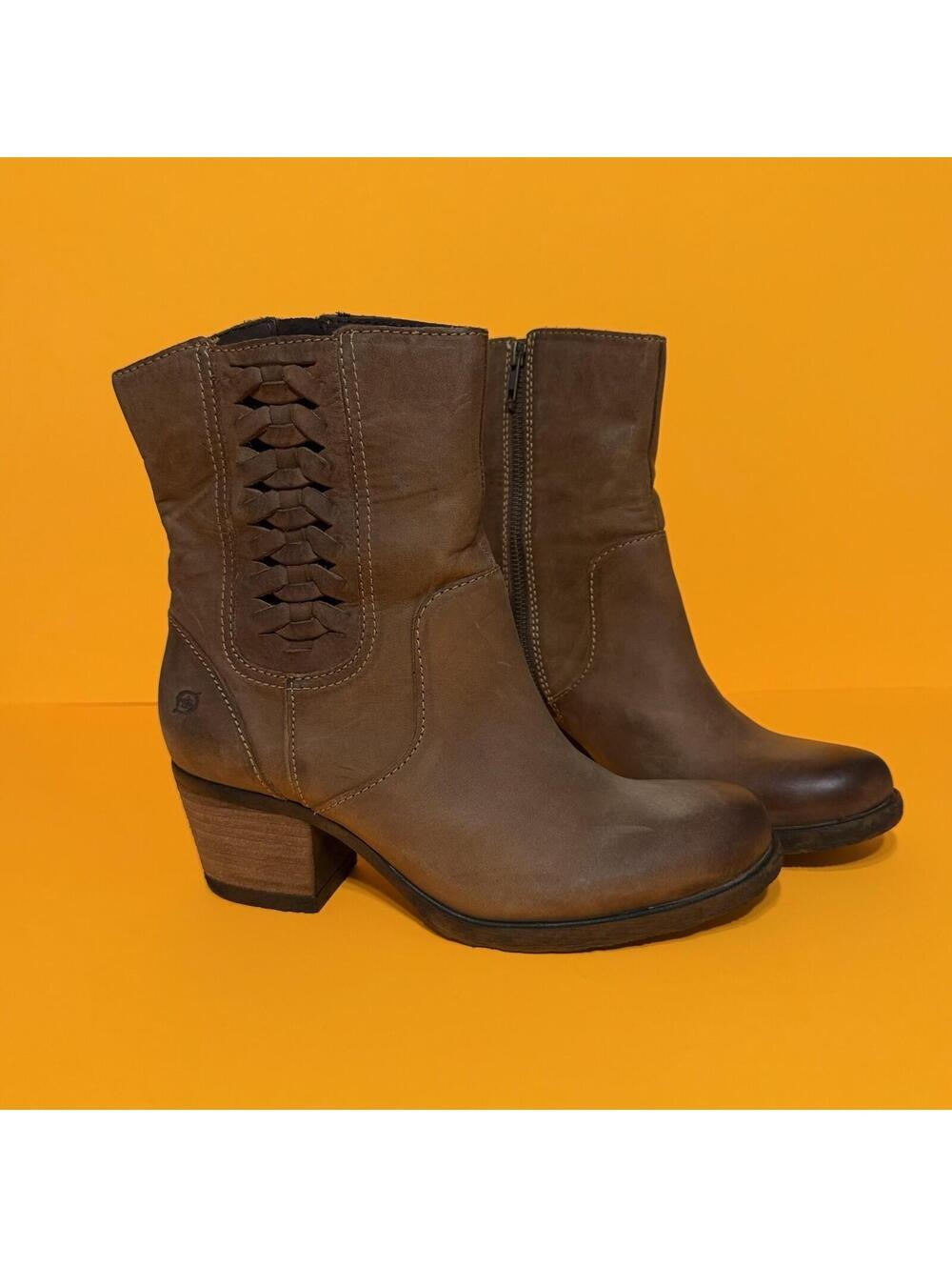 Born Orosi Brown Leather Booties Boots Braided Side Zip Heel Size Women 9